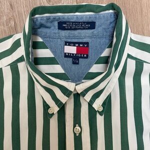 Vtg Tommy Hilfiger Men’s L Green White Vertical Stripe SS Button Shirt 90s Y2K